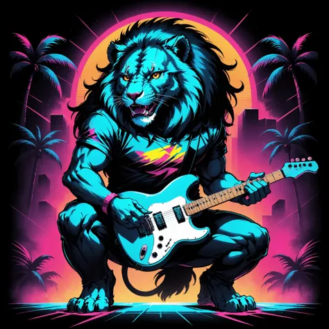 a synthwave T shirt design of a dominating lion as a heavy metal guitarist, on a music stage, outrun aesthetics <lora:TShirtDesignRedmondV2-Tshirtdesign-TshirtDesignAF:1>, dark background