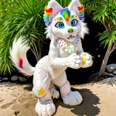 <lora:DetailedEyes_V3:1>,<lora:Furtastic_Detailer:1>,<lora:add-detail-xl:1>,<hypernet:furryYiffy_v12:1>booper,BooperNova,anthro,anthropomorphic,furry,solo:1.5,(highly detailed:1.4),(detailed face:1.4),rainbow mohawk,white fur:1.3,rainbow nose,rainbow spotted mane,rainbow eyebrows,full body,full body view,far shot:1.75,anthro,white fur,kkw-fur,anthro wolf,photo,highres,fantasy,female,1girl,slender hips,thin hips,very skinny,incredibly skinny,beautiful precise face and body,petite,furry,cute,star pattern:1.05,venus,paws,rainbow paw pads,
smile,ultra quality,photo,amazing quality photo,raw photo,amazing quality,ultra quality;1.4,ultra detailed:1.4,sharp focus,high resolution,piercing eyes,Anti-Aliasing,FXAA,De-Noise,Post-Production,SFX,insanely detailed & intricate,hypermaximalist,
wallpaper design,outdoors,nature,
<lora:BooperNova-v9-000003:1>,