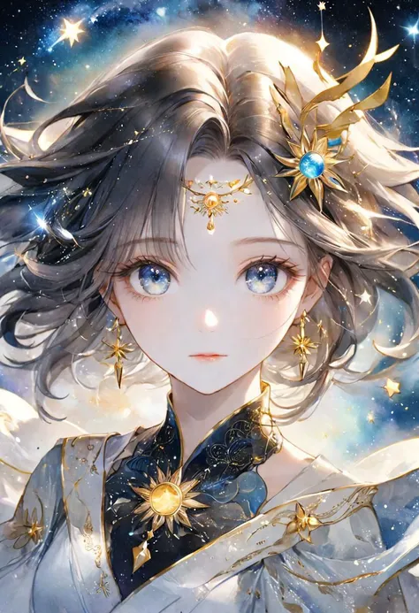 {A trustworthy face portrait of the {{sun & moon goddess}}, light and dark colored hair, {{{eyes with intricate details}}}, pale skin, fair faced, elegantly dressed with a {divine themed} attire, {{falling stars}}, galaxy background}, ({watercolored styled} masterpiece:1.5), (best quality:1.5), ((UHD:1.5)), (detailed face, detailed eyes, detailed mouth, detailed body, detailed hands, detailed clothes, detailed background, detailed scenery:1.5), (aesthetic + beautiful + harmonic:1.5), ({symmetrical intricate solar details + sharpen symmetrical lunar details}:1.5)