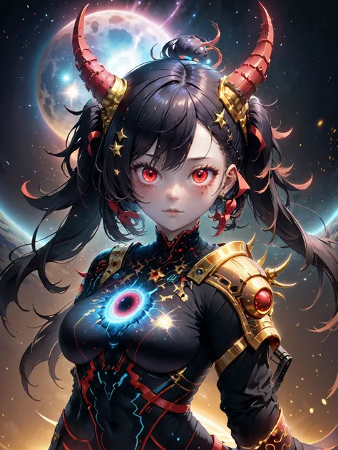 (masterpiece, best quality:1.5),(absurdres:1.1),upper body,solo,(oni:1.2),(oni horns:1.2),(red eyes:1.1),(gold trim:1.3),(detailed eyes:1.3),(intricate details:1.2),sparkles,(dark background:1.4),sweater,(bioluminescence:1.3),ribbed sweater,(star-shaped pupils:1.1),(detailed:1.4),(1girl),(slender),(colored skin:1.2),(demon tail:1.1),(mole:0.95),(face),(looking at viewer),(hair ribbon),planet,earth \(planet\),planet background,space background,milky way,<lora:InfraBlackholeTechAISDXL:1>,