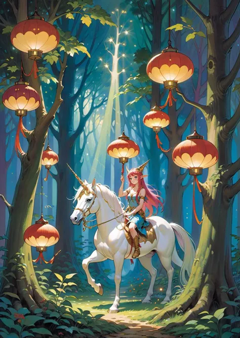 Charles Vess
In an enchanted forest, ancient trees created a leafy canopy filtering dappled sunlight. Ethereal sprites and gnomes crafted shimmering lanterns while a unicorn grazed, its horn scattering prismatic light. The scene embodied the enchantment of a mystical world where magic thrived.