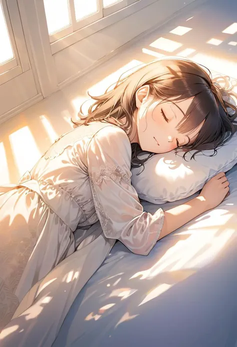 1girl, solo
beautiful ,  
sleeping , happy, peaceful,   dutch angle,
sunlight,  windows, shadows
masterpiece, best quality, high quality,