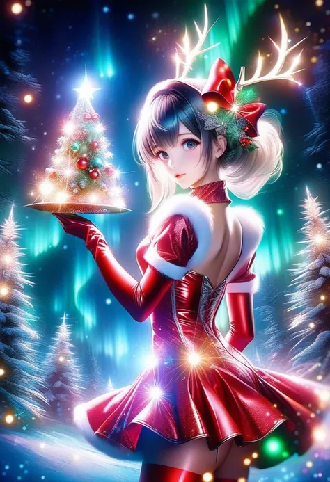 AuroraStyle, beautiful woman wearing red latex Christmas dress is holding small reindeer,
(snowy forest, moonlight, Christmas trees), (sparkles, sparkling clothes, sparkling eyes), sharp focus, (glossy latex clothing, glittering latex fabric),