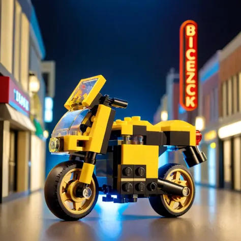 <lora:lego_v2.0_XL_32:0.8>, LEGO BrickHeadz, LEGO MiniFig, LEGO Creator, black and brass science fiction hovering industrial motorcycle in crowded downtown streets, science fiction, cinematic lighting, night time, volumetric light, imax, dslr, highly detailed, volumetric fog, dystopian vibes, dutch angle, cinematic angle
