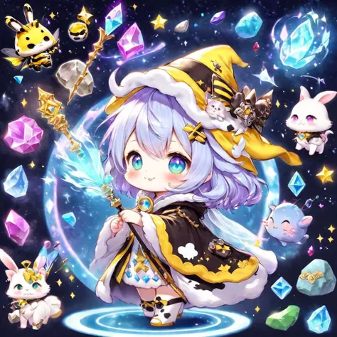 walking cute fluffy chibi kitten wizard hat, holding a zappy magic sugar staff, happy, magic circle, very cute eyes, sparkling eyes, highly detailed, side view, full body, niohxlguardiansprt, bunny girl, cow fur, magical kitten robe of secrets, bumblebee friends, fairy whiskers, crystal rocks, magic book, ng_deepnegative_v1_75t, ChristmasQuiron style