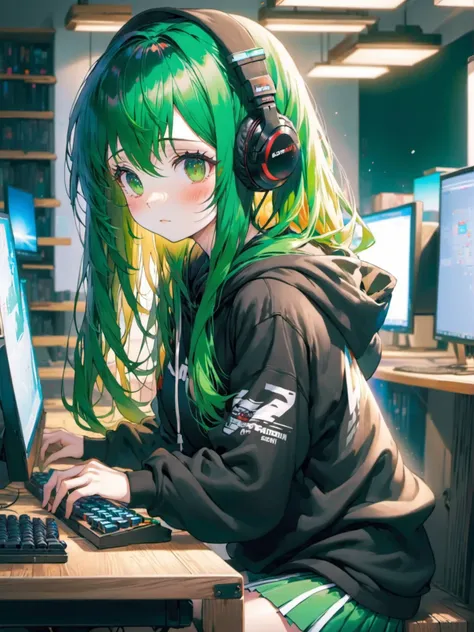 1girl, green hair, absurdly long hair,   center parted bangs bangs,   hoodie pleated skirt bonnet ,  gaming computer room daytime,