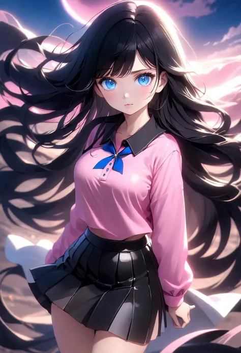masterpiece, high quality, 8k, beautiful lighting, 1girl, solo, blue eyes, long black wave hair , wearing pink shirt and black mini skirt, cowboy shot, looking at viewer, anime,