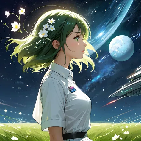 1 girl, space craft, starry sky. sci-fi. grass land. petals.
white shirt, skirt, wind. side view.
ultra-detailed, best quality.