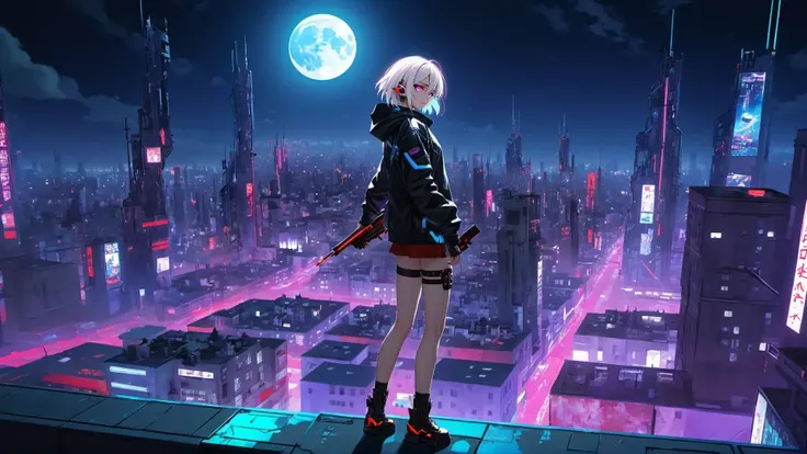 ((best quality)),white hair,red eyes,cute,1girl,solo,(night),((pointy ear)),mechanical parts,(blue neon:1.5),((cyberpunk:1,3)),(blood),cracked screen,male focus,smile,(weapon:1.3),(hold your hands in front of you:1.4),(edw4rds:1.4),al3xross,(jump:1.5),(town:1.5),(purple neon:1.2),skyscraper,moon,((return blood)),starry sky,(blink:1.2)