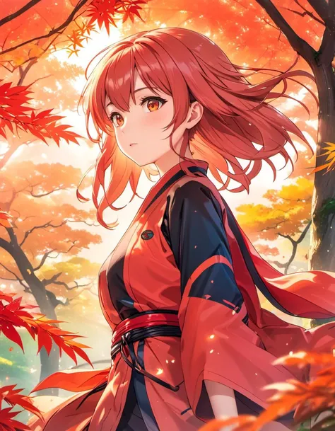 anime artwork, A stealthy Ninja under the watchful gaze of the Red Sun, perched atop a Pagoda adorned with vibrant Japanese Acer leaves.anime style, key visual, vibrant, studio anime, highly detailed