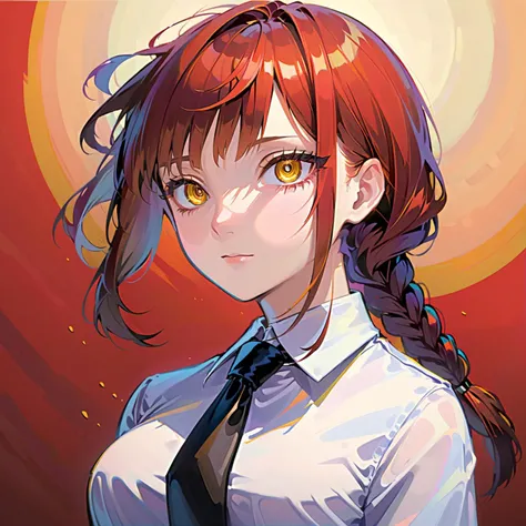 <lora:makima_loraxl:0.8> makima, braided ponytail, (ringed eyes:1.3), collared shirt, black necktie,
