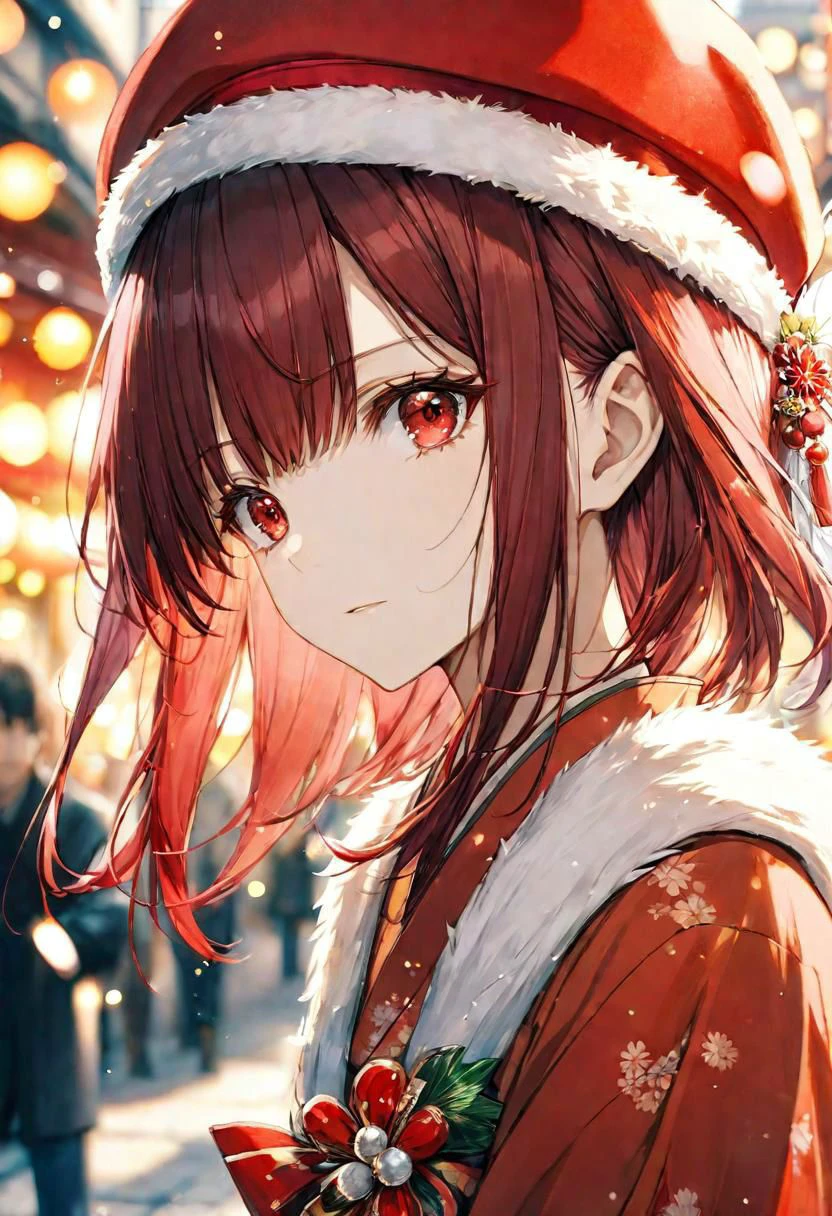 flowery red japanese style dress, red hat with white feather), adult female, narrow red eyes, dark red hair, straight bangs, styled, BREAK, cool colours, gentle, close up, BREAK, old city, BREAK, absurdres, masterpiece, BREAK, <lora:Festive_Bokeh_Anime:0.5>