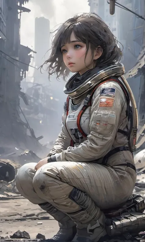 breathtaking 1girl sitting on the street of the ruined tokyo city afternoon, teardrops and streaming tears on her face looks very sad, dark flaxen hair swings in the wind, Tattered spacesuit, cracked ground, A huge destroyed space saucer in the distance, (Atmospheric Fog:0.6), Smoke and Dust. award-winning, professional, science fiction, disaster,