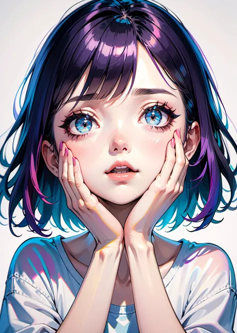 1girl, hands on face,
studio lighting
gradient perspective from below art by Harumi Hironaka,