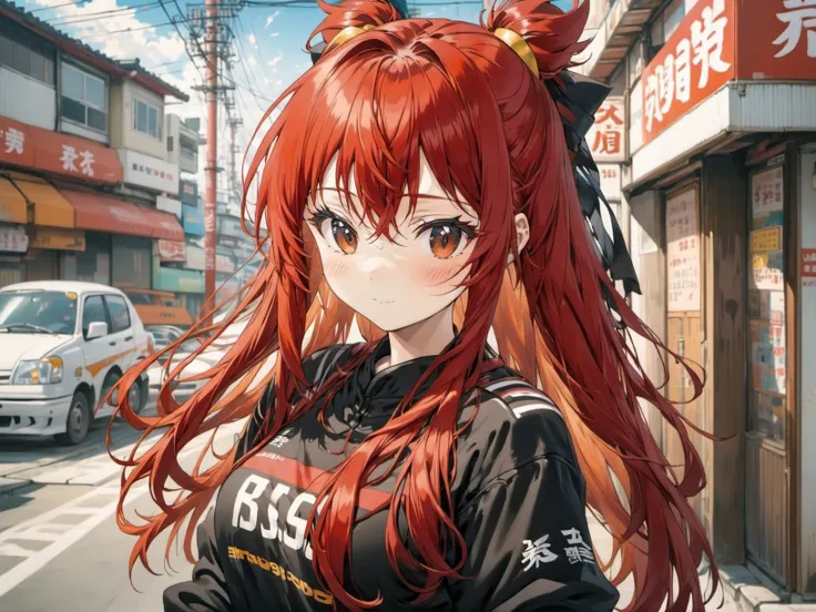 young women, redhead hair, medium hair, disheveled hair, hair between eyes bangs, tracksuit hairband high heel boots, japanese tool Shop daytime,