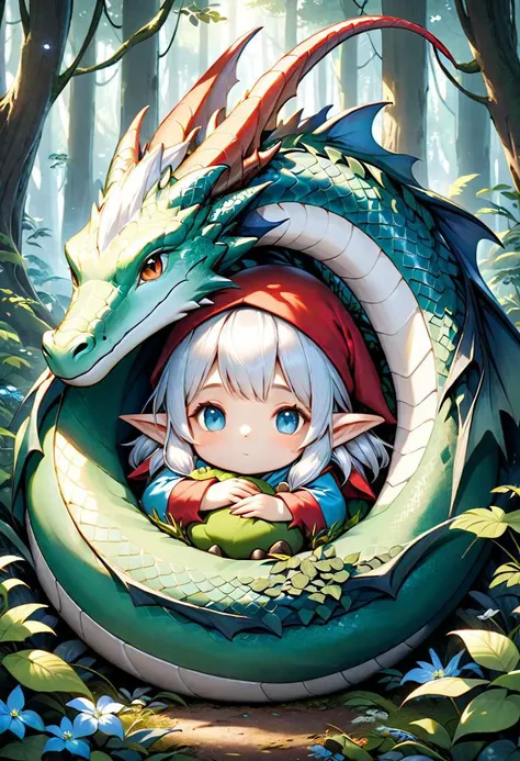 {(Deep within the forest a uncommon scene is presented for the viewer, {both a gnome and a dragon comfortably sleeping:1.5)}, (adorable masterpiece:1.5), (best quality:1.5), (beautiful + aesthetic + harmonic), (detailed face, detailed eyes, detailed body, detailed hands, detailed clothes, detailed background:1.5), {(symmetrical intricate fantasy details + sharpen symmetrical fantasy details)}