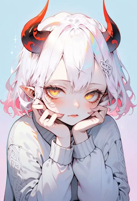 albino demon girl with lethargic sleepy smokey eyes her hands under her chin, white curls, wearing a sweater, (long intricate horns:1.2),