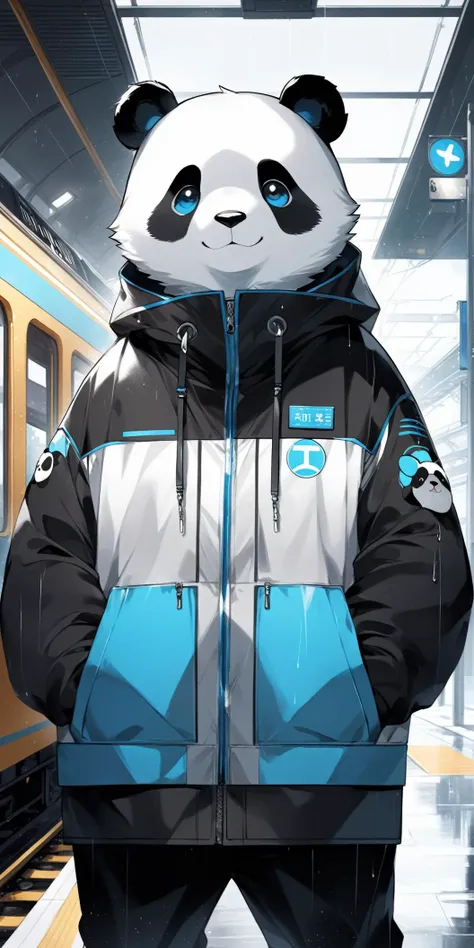 breathtaking male panda furry with bright and watery eyes, wearing baggy clothing, open smile, gentle, looking at viewer, by t.y.stars, by null-ghost, by k0bit0wani, (felis:0.3), train station, rain, (waterdrop:0.9), grey sky, raining, (fog:0.4), detailed background, (umbrella:-1) . award-winning, professional, highly detailed