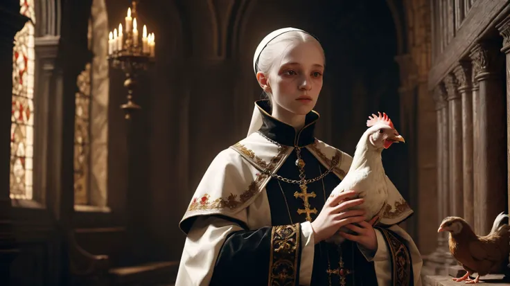 Ultra-realistic 8k CG, masterpiece, best quality, (((polecat wear popes robe and bite in chicken in a medieval Cathedral))), pr3y style, look to viewer, still life, high detailed, beautiful intricately and detailed, DOF,   <lora:add-detail-xl:1>  <lora:NicolaSamori:0.7> <lora:Inquisition_v2:0.8> <lora:bloodyface:0.1>