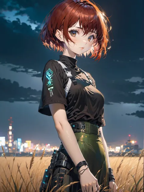 1girl, auburn hair, very short hair, drill hair, bangs, short-sleeved shirt long skirt straps , cyberpunk grassland evening,