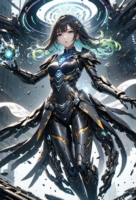 (({{levitating, hovering, flying}}), imposing android villain, {(metal armor with intricate fluid details:1.5)}, {floating building wreckage around}, {force field being generated around her}, dark theme), ({anime styled} masterpiece:1.5), (best quality:1.5), ((UHD:1.5)), (detailed face, detailed eyes, detailed mouth, detailed body, detailed hands, detailed clothes, detailed background, detailed scenery:1.5), (aesthetic + beautiful + harmonic:1.5), ({symmetrical intricate details + sharpen symmetrical details}:1.5)