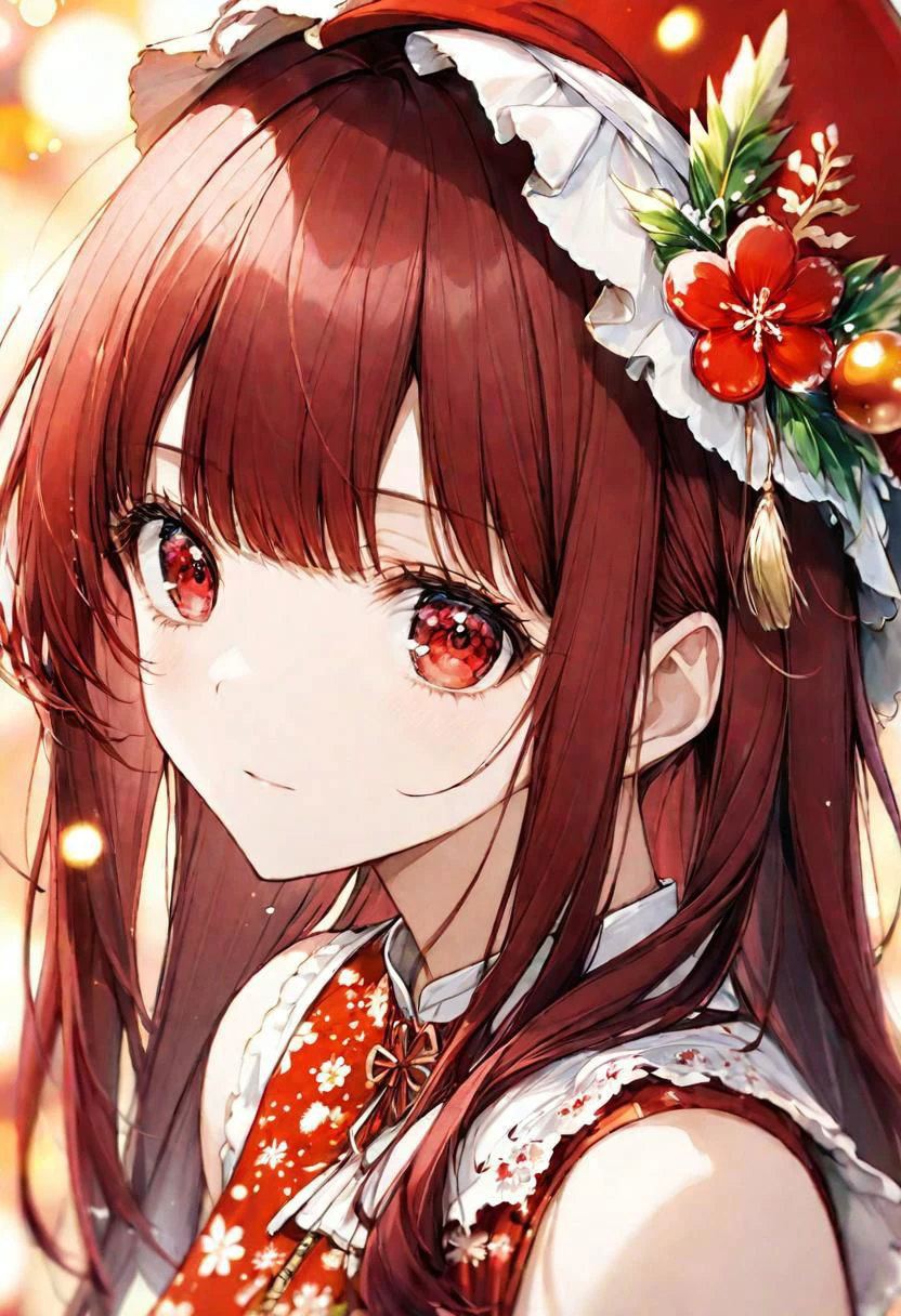 flowery pattern, red japanese summer dress, red hat with white feather), adult female, narrow red eyes, dark red hair, straight bangs, styled, BREAK, cool colours, gentle, close up, BREAK,, BREAK, absurdres, masterpiece, BREAK, <lora:Festive_Bokeh_Anime:0.5>