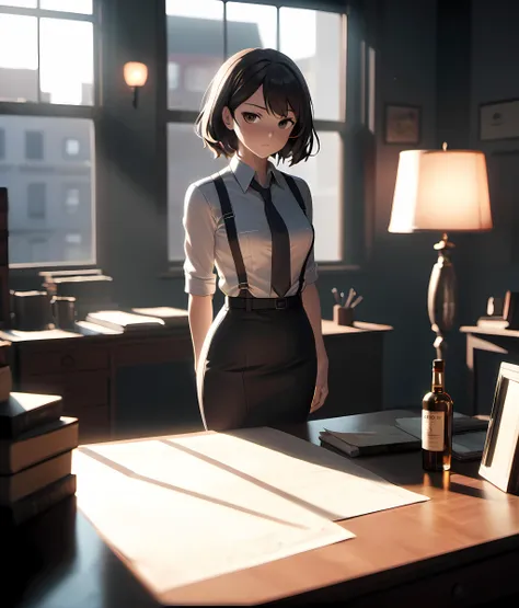 (cinematic anime masterpiece:1.2), (volumetric subsurface scattering:1.2), (photorealistic caustics:1.2), hard shadows,
nothing is adding up for a female detective in a dim film noire private office, light filters through dusty air, whiskey glass