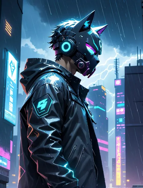 photo, (Portrait), man cat, super hero, in cyberpunk mask, on top of a building, cyberpunk, cinematic lighting, leaning against a wall, luminous jacket, rain, (aesthetics), neon, professional, 4k, highly detailed, film, lightning storm