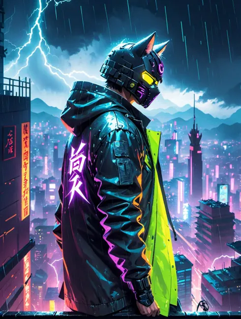 photo, (Portrait), man cat, super hero, in cyberpunk mask, neon (katana:1.4), on top of a building, cyberpunk, cinematic lighting, luminous jacket, rain, (aesthetics:1.6), neon, professional, 4k, highly detailed, film, lightning storm, (hell castle:1.4)