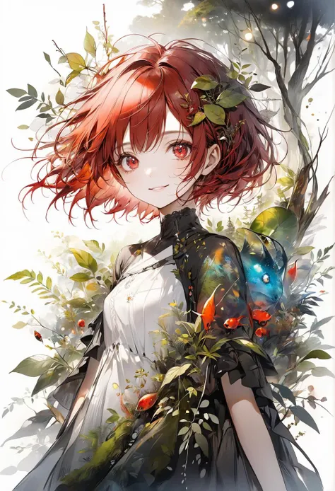 masterpiece,best quality,
1 girl,mature,solo,small perky breasts,(madder red hair),(short hair),(wavy hair ends),asymmetrical bangs,round eyes,beautiful red eyes,long eyelashes,
mysterious silhouette forest woman,natural botanic costume,smile,Carne Griffiths,Minjae Lee,amazing depth,surreal,geometric patterns,bokeh,deep fine borders,artistic photorealism,smooth,