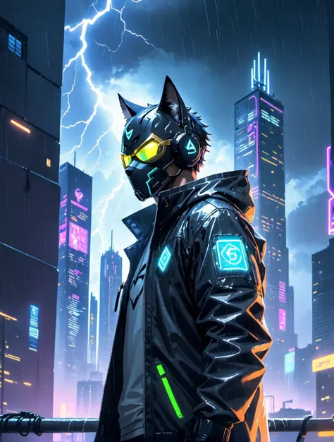photo, (Portrait), man cat, super hero, in cyberpunk mask, on top of a building, cyberpunk, cinematic lighting, leaning against a wall, luminous jacket, rain, (aesthetics),  neon, professional, 4k, highly detailed, film, lightning storm