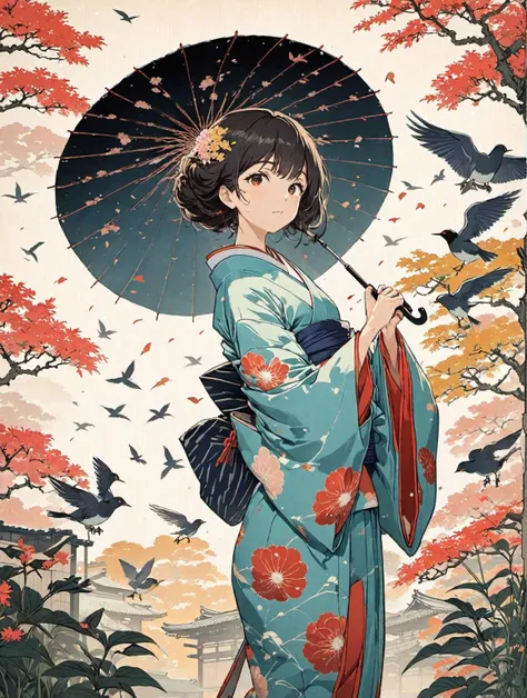 a woman in a kimono holding an umbrella in a garden with birds flying around her and a bird flying above her, ukiyo-e, anime art, a detailed painting, Aguri Uchida,