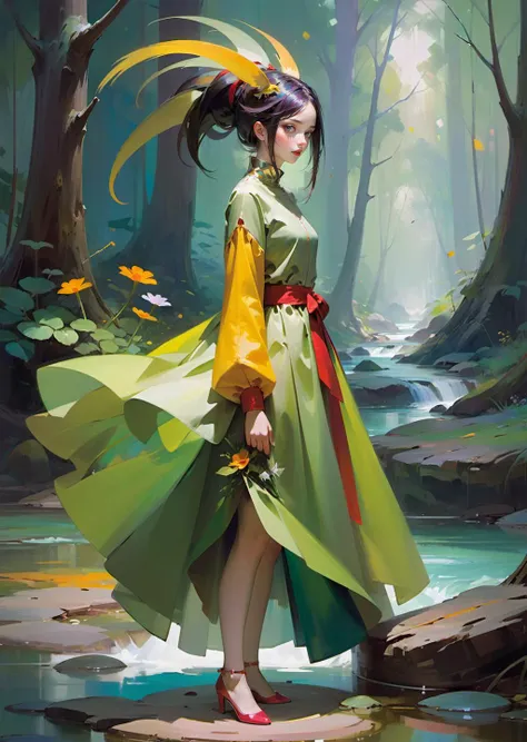 1 woman 
themes of fantasy and folklore, bringing to life mythical worlds, fairytale landscapes, and fantastical characters.
(by Adrian Ghenie:1.5)