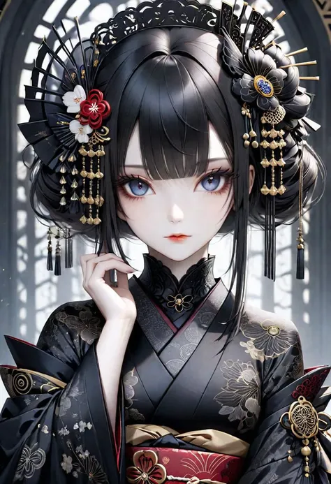 {(face closeup of the {(gothic geisha:1.5)} with dark hair, {pale skin}, wearing an ({alluring dark kimono} with {intricate {delicate gothic} details}:1.5)}, (ultra detailed face, ultra detailed eyes, ultra detailed body, ultra detailed hands, ultra detailed clothes, detailed background:1.5), (beautiful + aesthetic + harmonic), {(symmetrical intricate {delicate gothic} details + sharpen symmetrical {delicate gothic} details)}