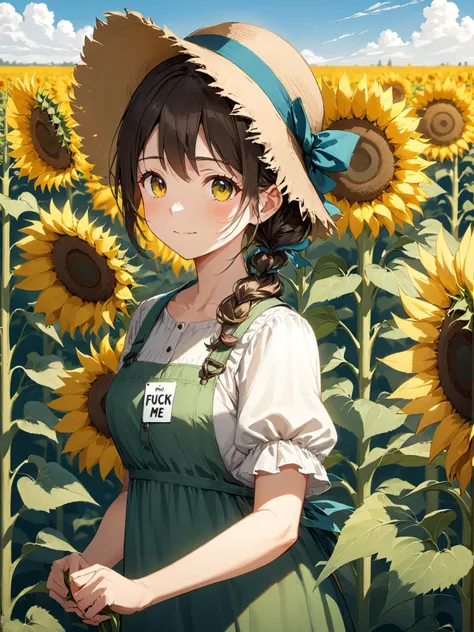 a beautiful girl, a field of sunflowers, beautiful pioneer girl, sign in hands with label "fuck me"