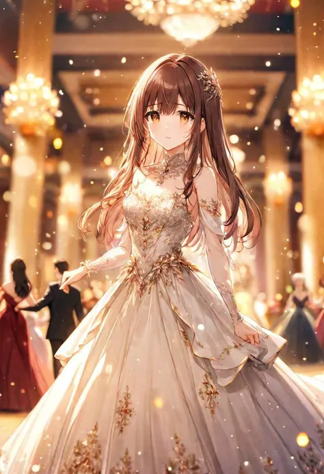 ball gown dress, holding hands), adult female, soft brown eyes eyes, long dark brown hair, BREAK, warm colours, , BREAK, wallpaper, grand ball hall, BREAK, absurdres, masterpiece, BREAK, <lora:Festive_Bokeh_Anime:0.5>