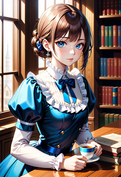 1girl, f-cup bust, cleavage, This is an intricate illustration of a young animated girl in a classic European setting, reminiscent of a Victorian-era study or parlor room. The girl is portrayed with a porcelain complexion, large expressive blue eyes that possess a slight gleam, and short chestnut hair adorned with a black ribbon. Her bangs are neatly trimmed, just above her eyes, and her hair is slightly curled at the ends. She is dressed in an elegant maid-inspired outfit dominated by shades of blue and white. The dress features a white ruffled collar, puffed sleeves, and a large blue ribbon tied into a bow at her neck. The bodice of her dress is a vibrant shade of blue with white frills and black accents, cinching at her waist and flaring out into a fuller skirt. The hem of the skirt emits a gentle, ethereal glow. The girl is gracefully holding a white porcelain teacup filled with tea, emanating a subtle hint of steam. Next to her, on a polished wooden table, sits an ornate golden teapot reflecting the sunlight pouring in from a nearby window. In the background, a tall wooden bookshelf filled with leather-bound books in varying colors - red, green, and blue - stands against the wall. Each book is meticulously placed, showcasing the spine with golden lettering. To the right of the scene, an open window reveals a picturesque view of red-roofed European buildings with detailed Gothic architecture. The sky outside is clear, and the ambiance is bright, with sunlight streaming in, casting a warm glow over the entire scene. Throughout the room, subtle touches add to the overall luxury and opulence - from the rich wooden undertones of the furniture to the intricate patterns on the wallpaper and the plush velvet curtains that frame the window. In essence, the illustration captures a moment of serenity and elegance, with every detail meticulously crafted to create an atmosphere of timeless beauty.