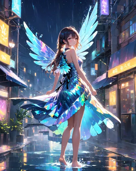 best quality,absurdres,illustration,1girl,young girl with butterfly wings,(in water:1.1),solo,long hair,dress,skirt hold,sleeveless,barefoot,bare shoulders,standing,outdoors,water,(tight dress:0.5),<lora:holographic1_10xl-10:0.7>,in the middle of the streets of the city,a girl with butterfly wings in a dress,there's water splashing in the air on the edge,(colorful butterfly wings:1.2),(holographic crystal:1.2),street art breath of magic wind at night,(holographic ray:1.3),night neon sci-fi punk city,(giant wings:1.3),water flow and wing half fusion,the water is splashing in the air. the dynamic perspective is splashing,mercury,