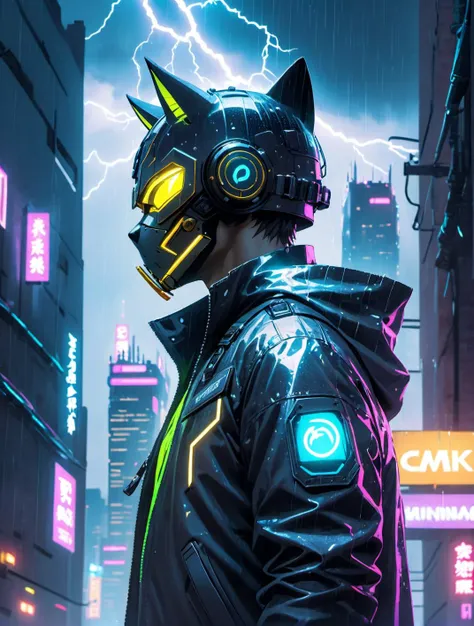photo, (Portrait), man cat, super hero, in cyberpunk mask, on top of a building, cyberpunk, cinematic lighting, leaning against a wall, luminous jacket, rain, (aesthetics), neon, professional, 4k, highly detailed, film, lightning storm