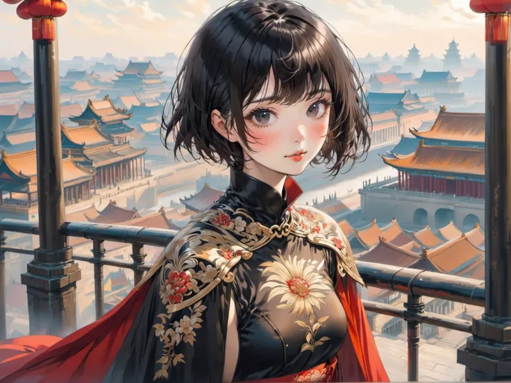 young women, dark hair, short hair, bangs, chinese clothes cape thigh boots, classical Berlin city daytime,