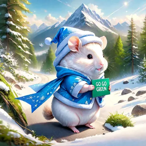 Cute fluffy baby hamster, hamster with blue magicaldress, <holding a sign that says ("go go go green team")>, highly detailed, hamster is Magician, side view, full body, smiling,  background is a Winterwonderland with Mountain and forest, hyperrealistic cub, expressive, emotional