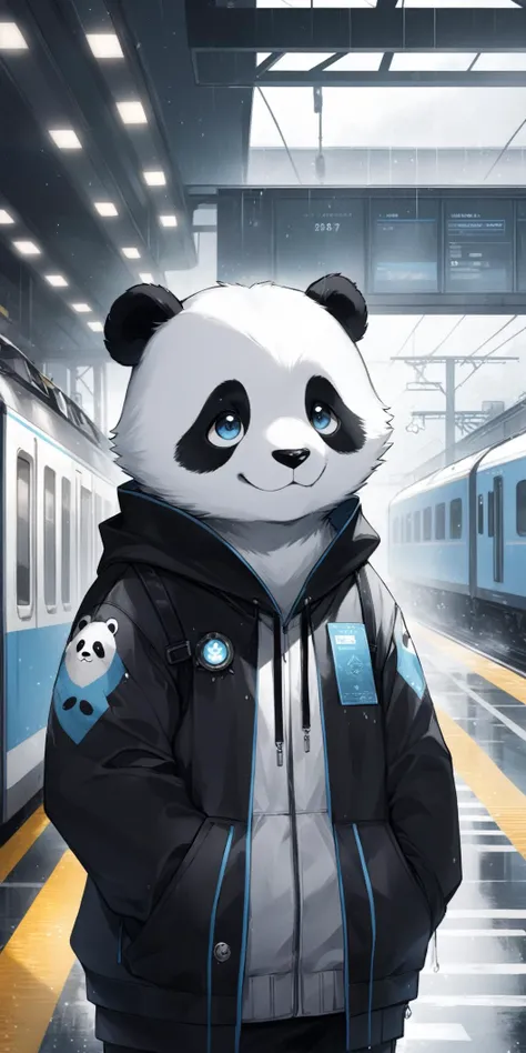breathtaking male panda furry with bright and watery eyes, wearing baggy clothing, open smile, gentle, looking at viewer, by t.y.stars, by null-ghost, by k0bit0wani, (felis:0.3), train station, rain, (waterdrop:0.9), grey sky, raining, (fog:0.4), detailed background, (umbrella:-1) . award-winning, professional, highly detailed