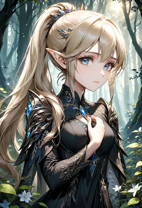{(best quality masterpiece:1.5)}, {(elven lady with {light colored ponytail}, a sad gaze, {grief themed dark colored attire:1.5), grieving deep within the forest while trying to find a reason to live)}, (ultra detailed face, ultra detailed eyes, ultra detailed body, ultra detailed hands, ultra detailed clothes, detailed background), (beautiful + aesthetic + harmonic), {(symmetrical intricate melancholic details + sharpen symmetrical melancholic details)}