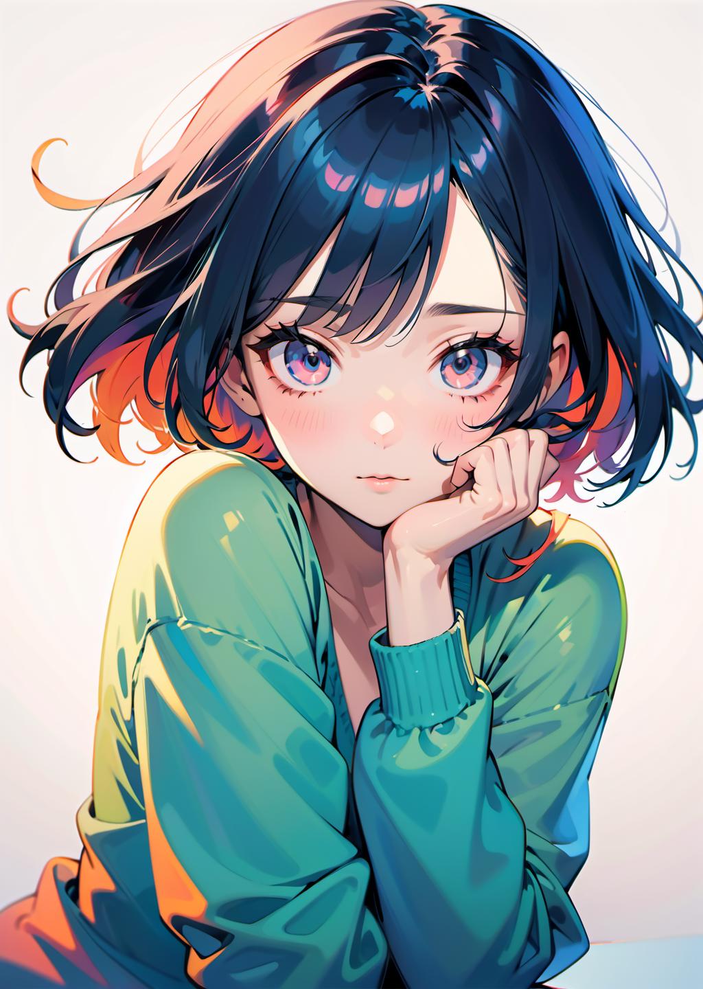 Anime girl with long hair and blue eyes sitting on a table - SeaArt AI