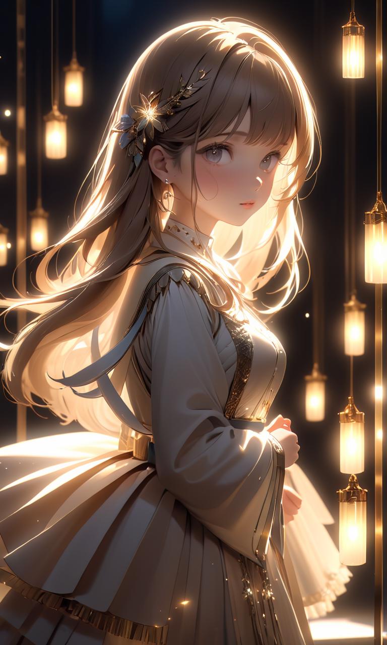 A girl in a white dress standing in front of a light - SeaArt AI