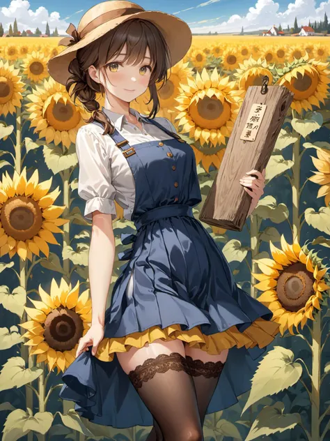 wooden plaque in hands with label "fuck me", a beautiful girl, a field of sunflowers, beautiful pioneer girl, sexy, stockings, skirt