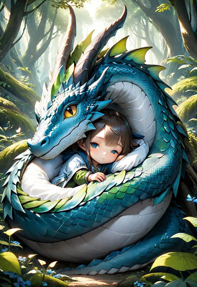 ({Deep within the forest a uncommon scene is presented for the viewer, a cute and small gnome sleeping alongside one huge dragon:1.5)}, (adorable masterpiece:1.5), (best quality:1.5), (beautiful + aesthetic + harmonic), (ultra detailed face, ultra detailed eyes, ultra detailed body, ultra detailed hands, ultra detailed clothes, detailed background:1.5), {(symmetrical intricate fantasy details + sharpen symmetrical fantasy details:1.5)}