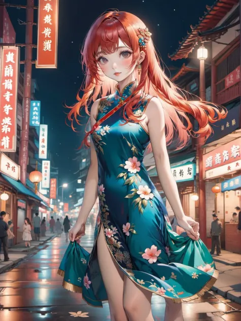 1girl, peach hair, long hair, bangs, china cheongsam hair ornaments loafers, new street city midnight,