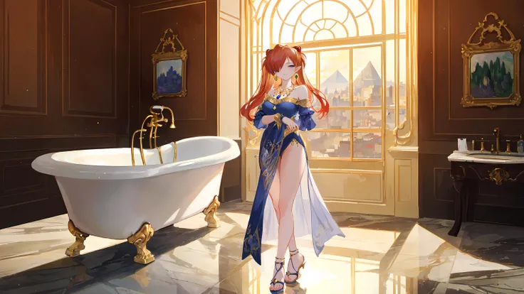 Naked, pectorals, , (Masterpiece, Best Quality, High Resolution), (illustartion:1.0), 1girl, The woman, mature female, yellow-red hair, The shimmer of the sunset, turquoise eyes, Average Breasts, naked ass, naked body, Female genitals, A big smile, bare feet, 独奏, Detail Eyes, Captive, golden jewelery, red pillows, Expensive interior, a gold & Jewelry, silk curtains, In captivity, palace, Palace Hall