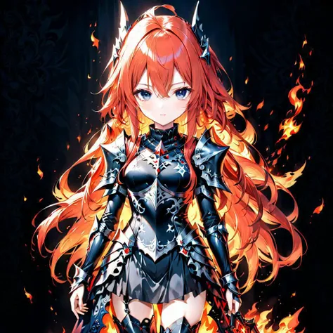 full body three-quarter close-up, dark fantasy movie style, stunningly beautiful slender girl, (expressive and deep [symmetrical eyes]), stunningly naive and innocent face, fiery red long hair, ([girl wearing maximum detailed damaged full gothic knight's armor of blued steel | maximum detailed worn gothic parade armor of blued steel with silver in dark fantasy movie style | (intricately detailed engravings: 1. 2) in the most detailed damaged full gothic knight's armor of blued steel (top ArtStation:1. 1) : 20])+++, tights with max short skirt, superbly detailed tattered dark brown wool cloak with rough weave, (intricate dark corridors of gothic cathedral, stained glass windows:1. 3)+++, dramatic background, gloomy and frightening atmosphere, natural blued steel texture, expressive background, super detailed, hyperphotorealism, natural light golden hour, (12K, UHD, super resolution, Rembrandt lighting)+++, natural reflections, natural textures, stained glass natural lighting, colored glass lighting, cinematic lighting